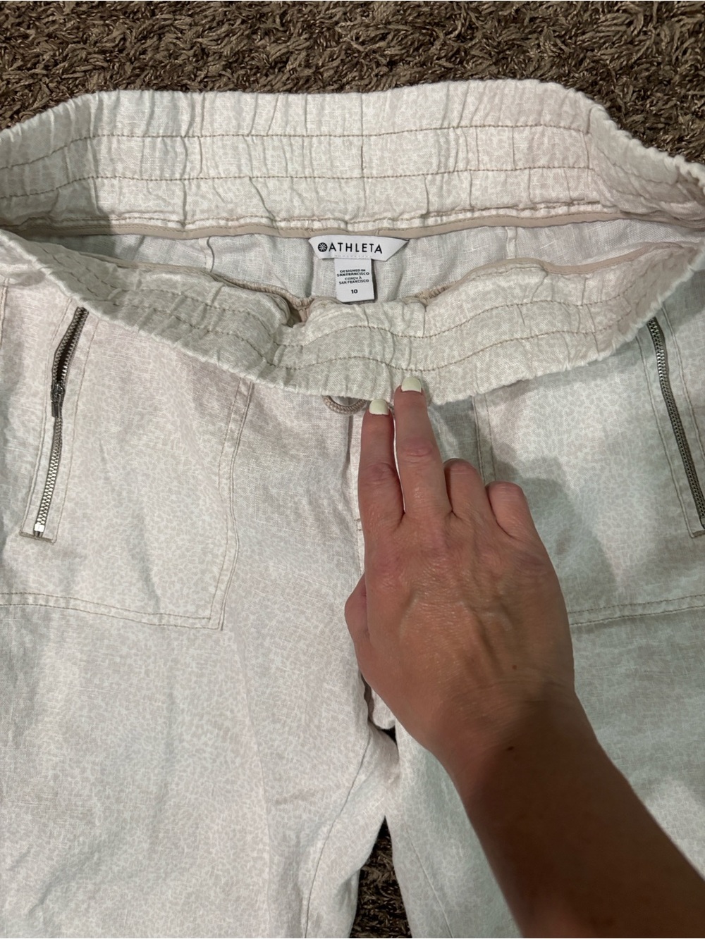 Athleta Leopard print Cream Linen Drawstring Lounge Pants with Zip Pockets